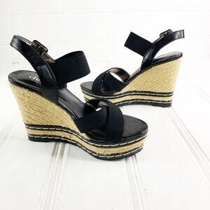 Charles David 5.5 Black Espadrilles Wedges Shoes Open Toe Ankle Strappy Sandal